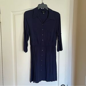 BCX Dark Blue Button-Up Half-Sleeve Knee Length Fit and Flare Dress
